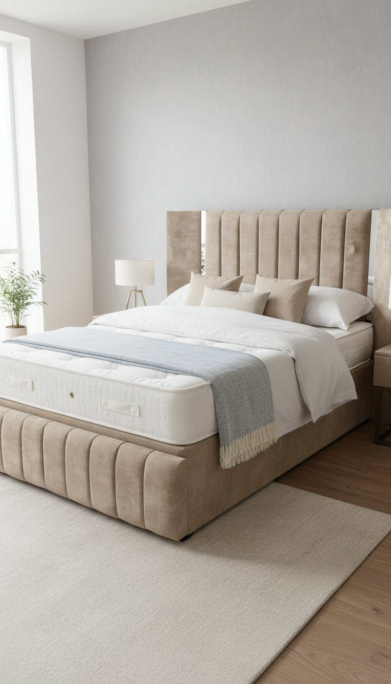 Virginia Wide Headboard Mirrored Panel Bed – Gas Lift Ottoman | Solid Storage