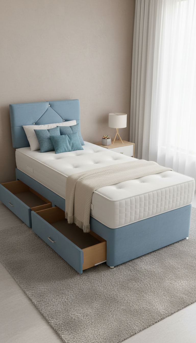 Quino Light Turquoise Designer Headboard With Diamonds – Divan Drawer Bed | Spanish Plush Velvet