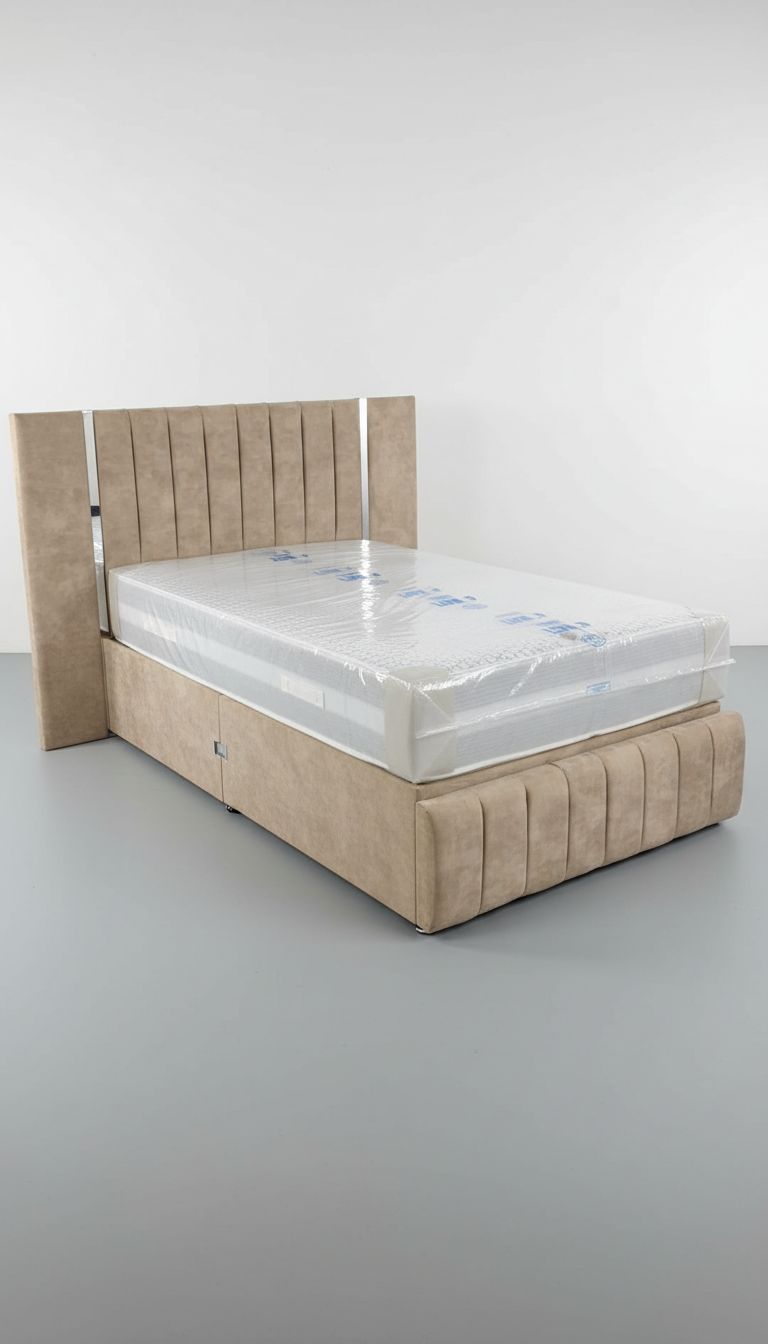 Virginia Wide Headboard Mirrored Panel Bed – Gas Lift Ottoman | Solid Storage