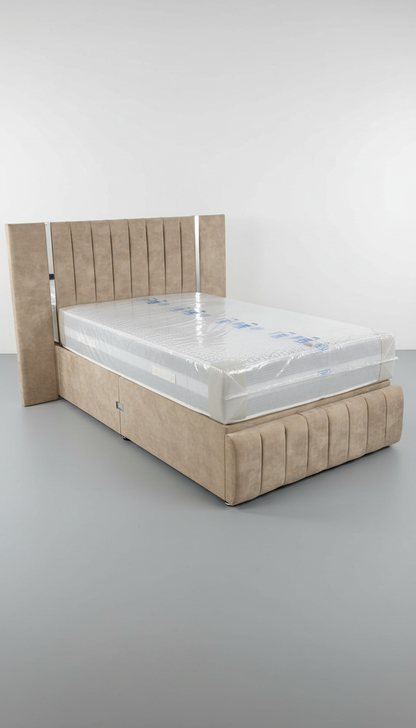 Virginia Wide Headboard Mirrored Panel Bed – Gas Lift Ottoman | Solid Storage