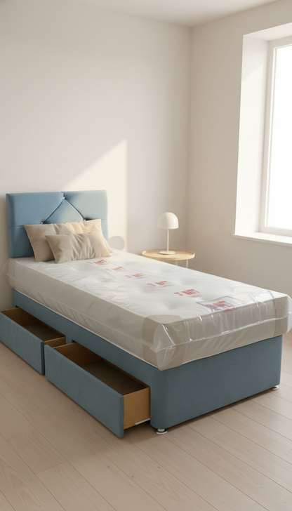 Quino Light Turquoise Designer Headboard With Diamonds – Divan Drawer Bed | Spanish Plush Velvet