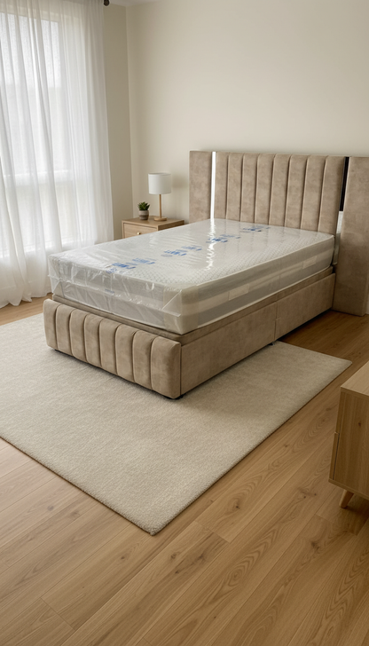 Virginia Wide Headboard Mirrored Panel Bed – Gas Lift Ottoman | Solid Storage