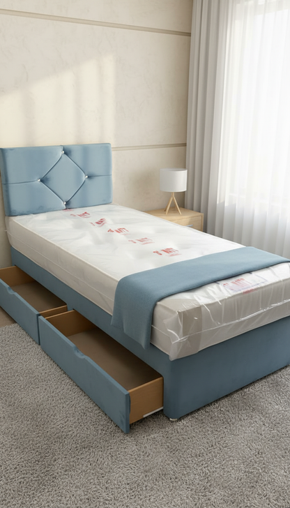 Quino Light Turquoise Designer Headboard With Diamonds – Divan Drawer Bed | Spanish Plush Velvet