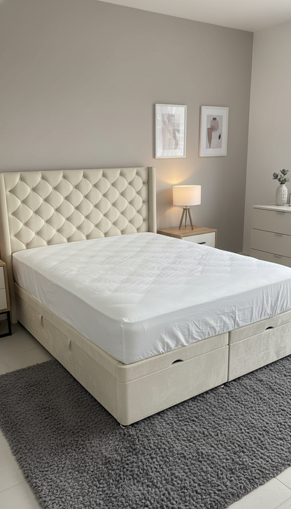 Rose Wing Back Chesterfield Bed With Buttons – Luxurious Velvet