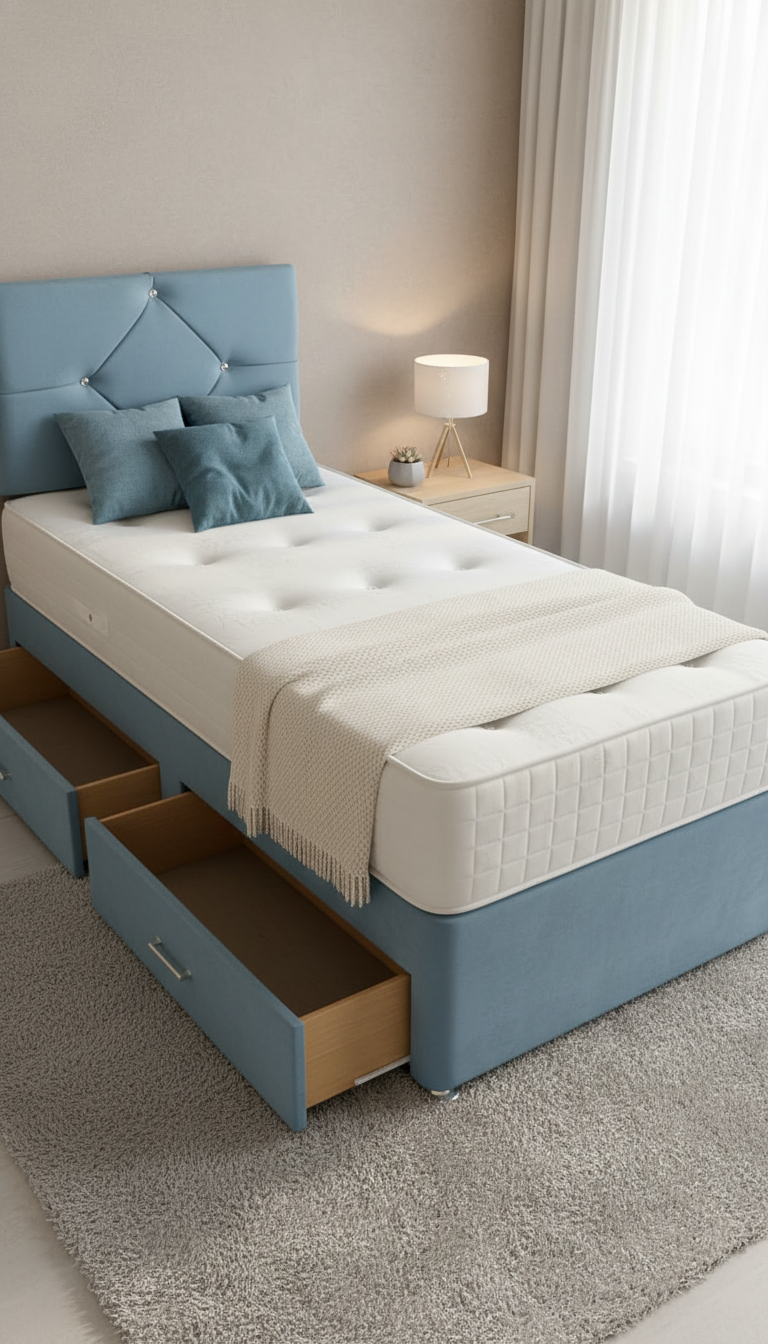 Quino Light Turquoise Designer Headboard With Diamonds – Divan Drawer Bed | Spanish Plush Velvet