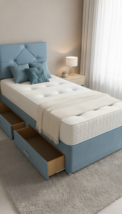 Quino Light Turquoise Designer Headboard With Diamonds – Divan Drawer Bed | Spanish Plush Velvet