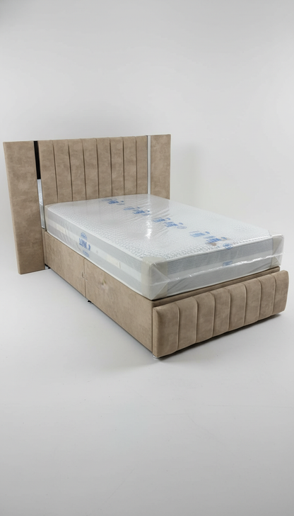 Virginia Wide Headboard Mirrored Panel Bed – Gas Lift Ottoman | Solid Storage