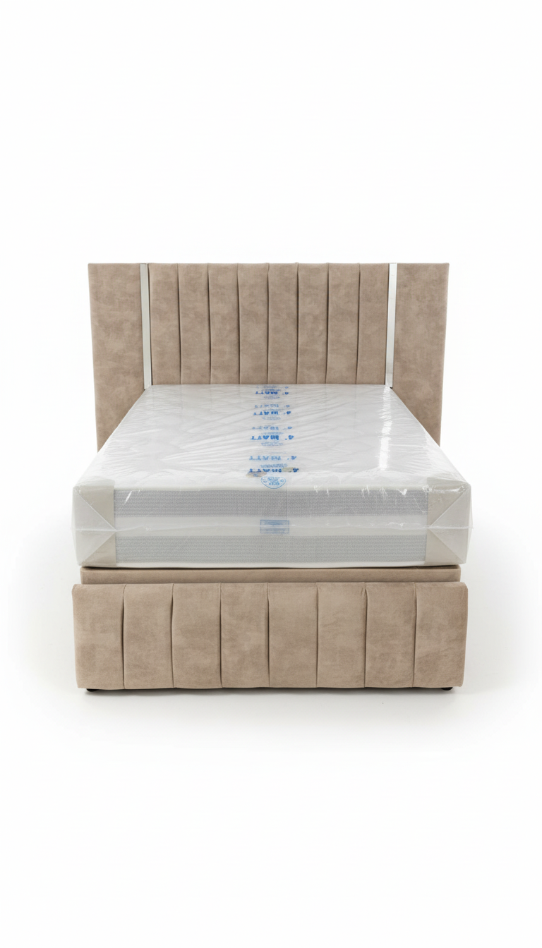 Virginia Wide Headboard Mirrored Panel Bed – Gas Lift Ottoman | Solid Storage