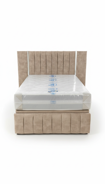 Virginia Wide Headboard Mirrored Panel Bed – Gas Lift Ottoman | Solid Storage