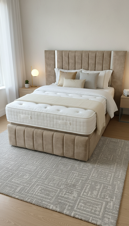 Virginia Wide Headboard Mirrored Panel Bed – Gas Lift Ottoman | Solid Storage