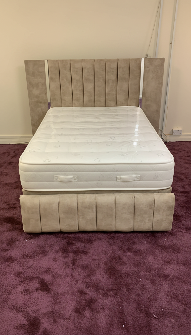 Virginia Wide Headboard Mirrored Panel Bed – Gas Lift Ottoman | Solid Storage