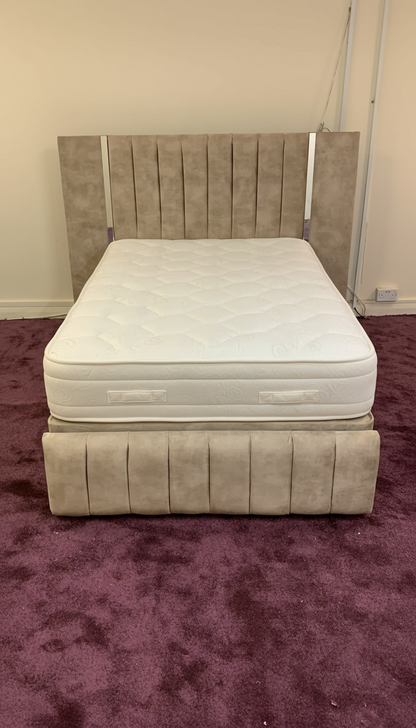 Virginia Wide Headboard Mirrored Panel Bed – Gas Lift Ottoman | Solid Storage