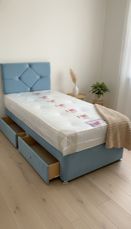 Quino Light Turquoise Designer Headboard With Diamonds – Divan Drawer Bed | Spanish Plush Velvet